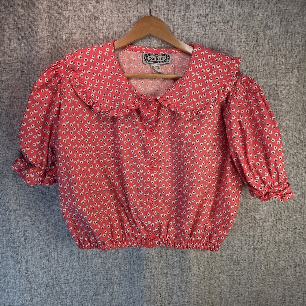 Vtg Bonjour Red Ditsy Floral Peter Pan Ruffle Collar Blouse 90s Large Cropped